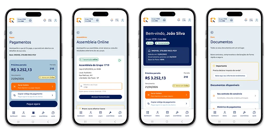 Composição de telas do APP Remaza com informações e serviços do consórcio