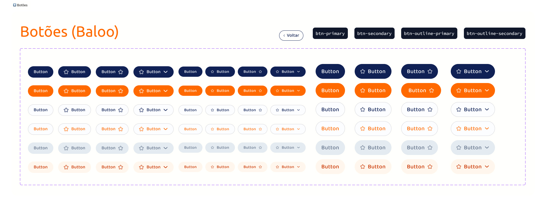 Estados e variações de botões do Design System do APP Remaza