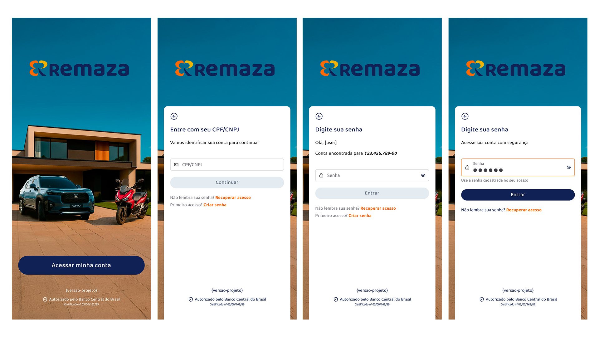 Fluxo de primeiro acesso e login do APP Remaza com identificação por CPF ou CNPJ e senha