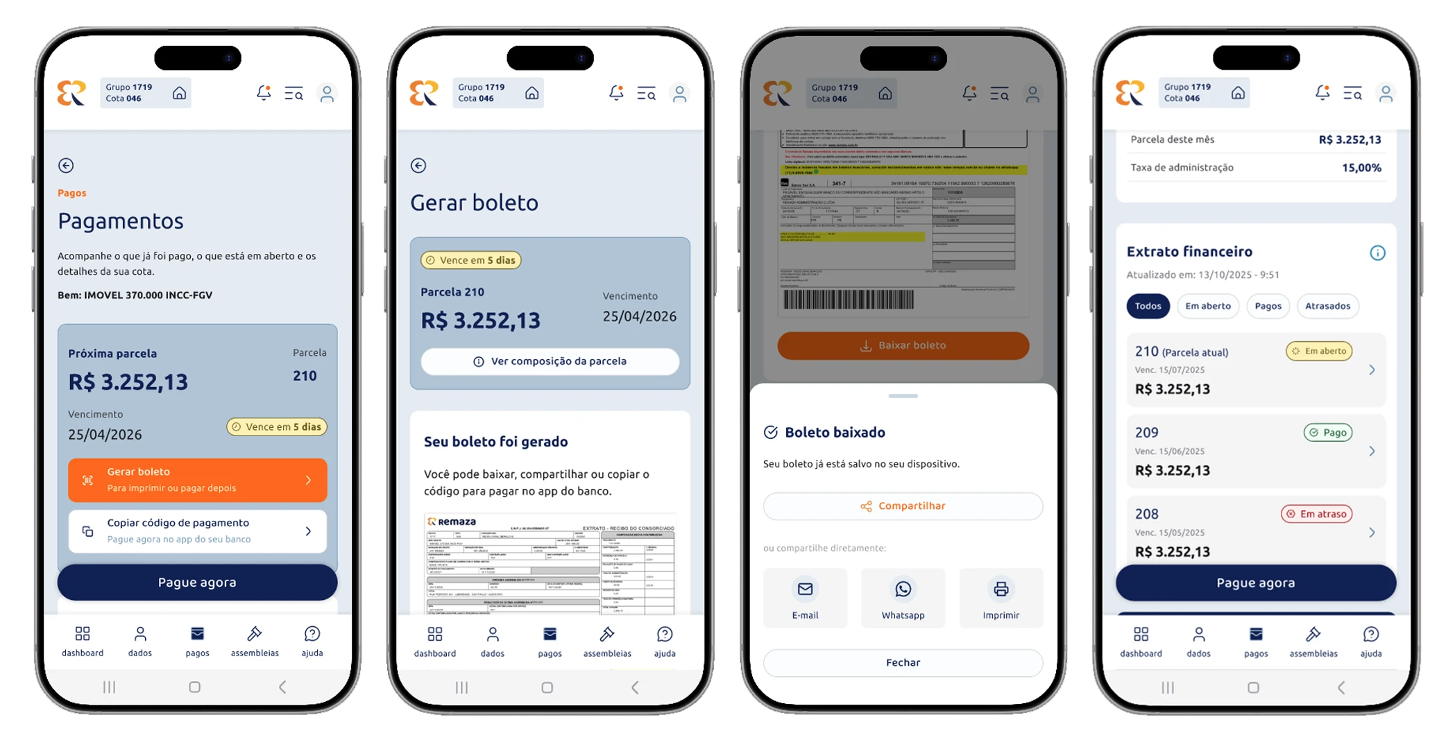 Fluxo de pagamento do APP Remaza com seleção da parcela, forma de pagamento e confirmação