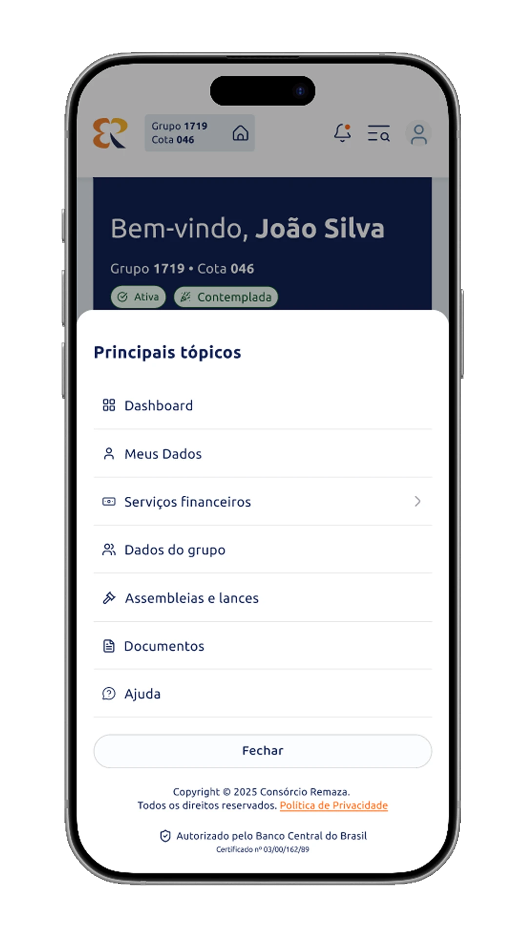Menu do APP Remaza com os serviços disponíveis ao consorciado