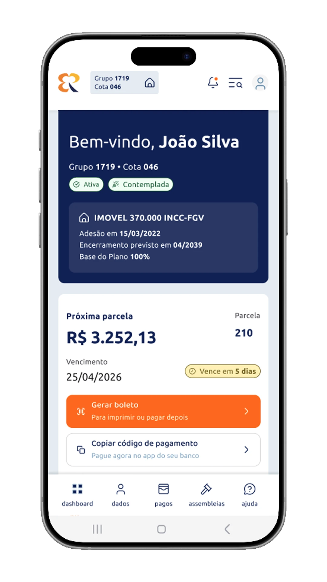 Dashboard do APP Remaza com situação da cota, próxima parcela e atalhos