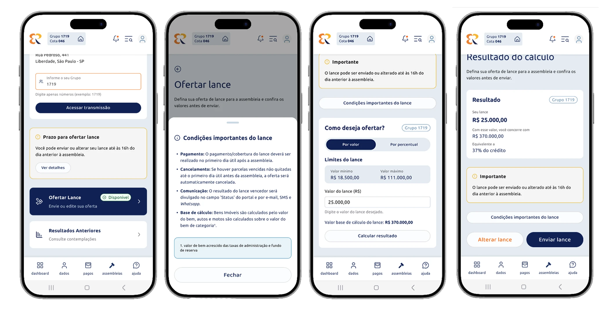 Fluxo de oferta de lance no APP Remaza com assembleia, valor, revisão e confirmação