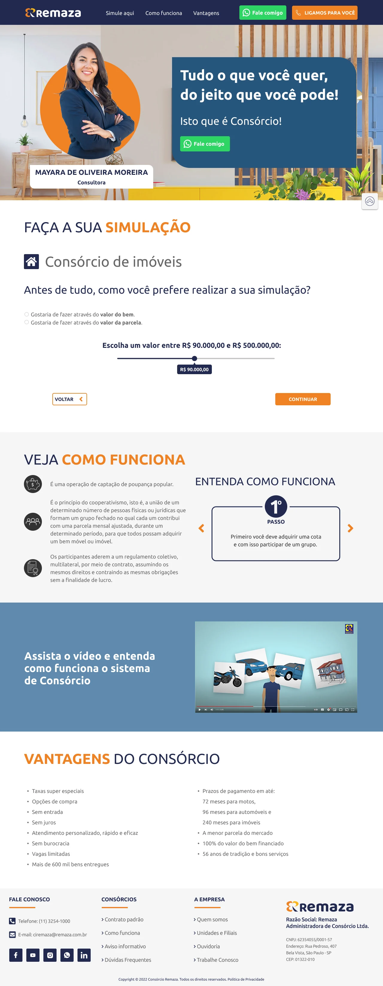 Landing page individual de representante do Consórcio Remaza
