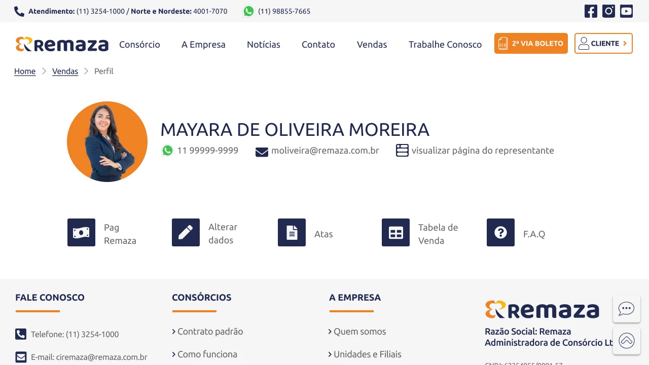 Recorte do perfil de vendas com fotografia, nome, contato e página individual da representante