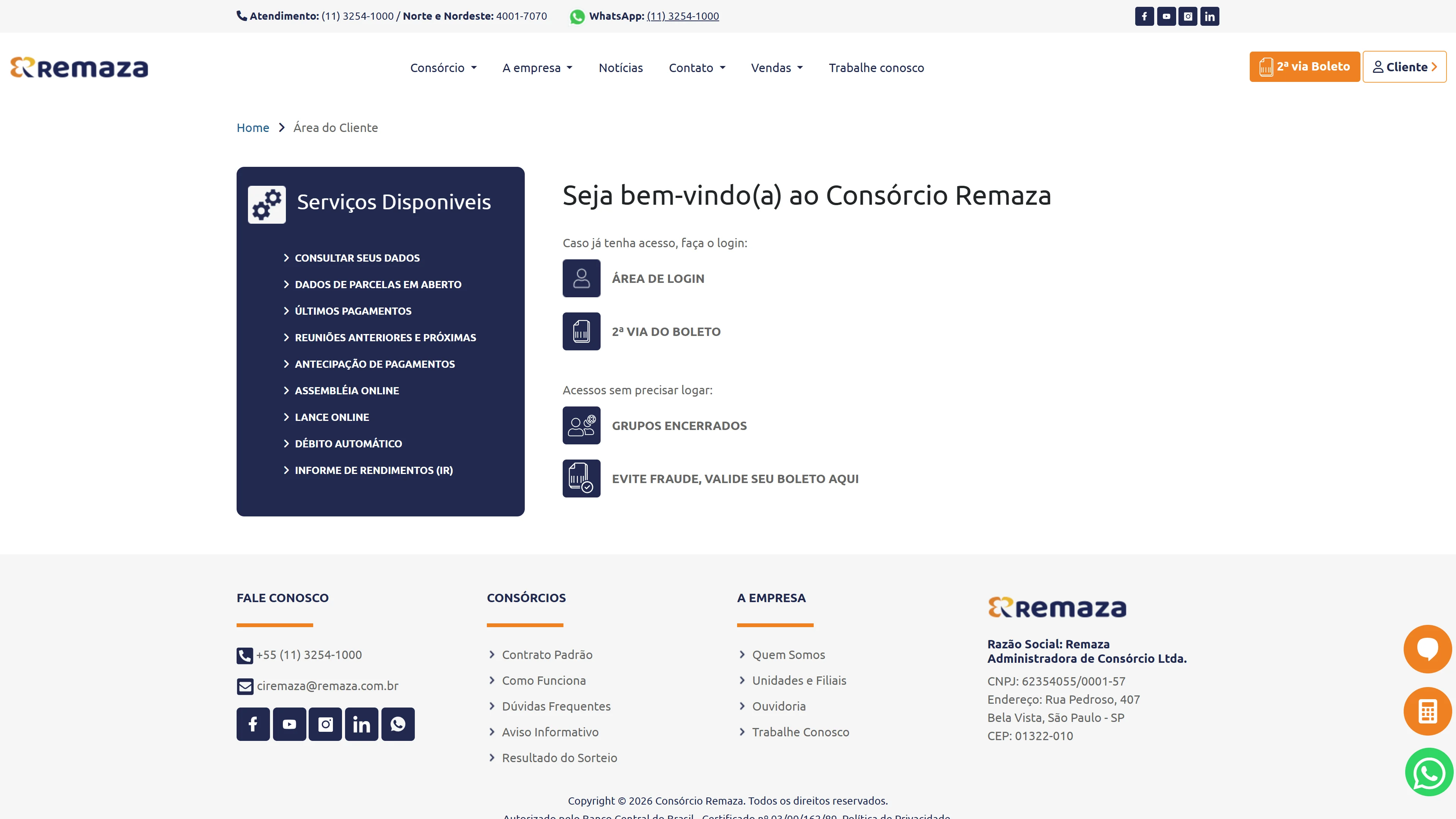 Área do cliente do Consórcio Remaza