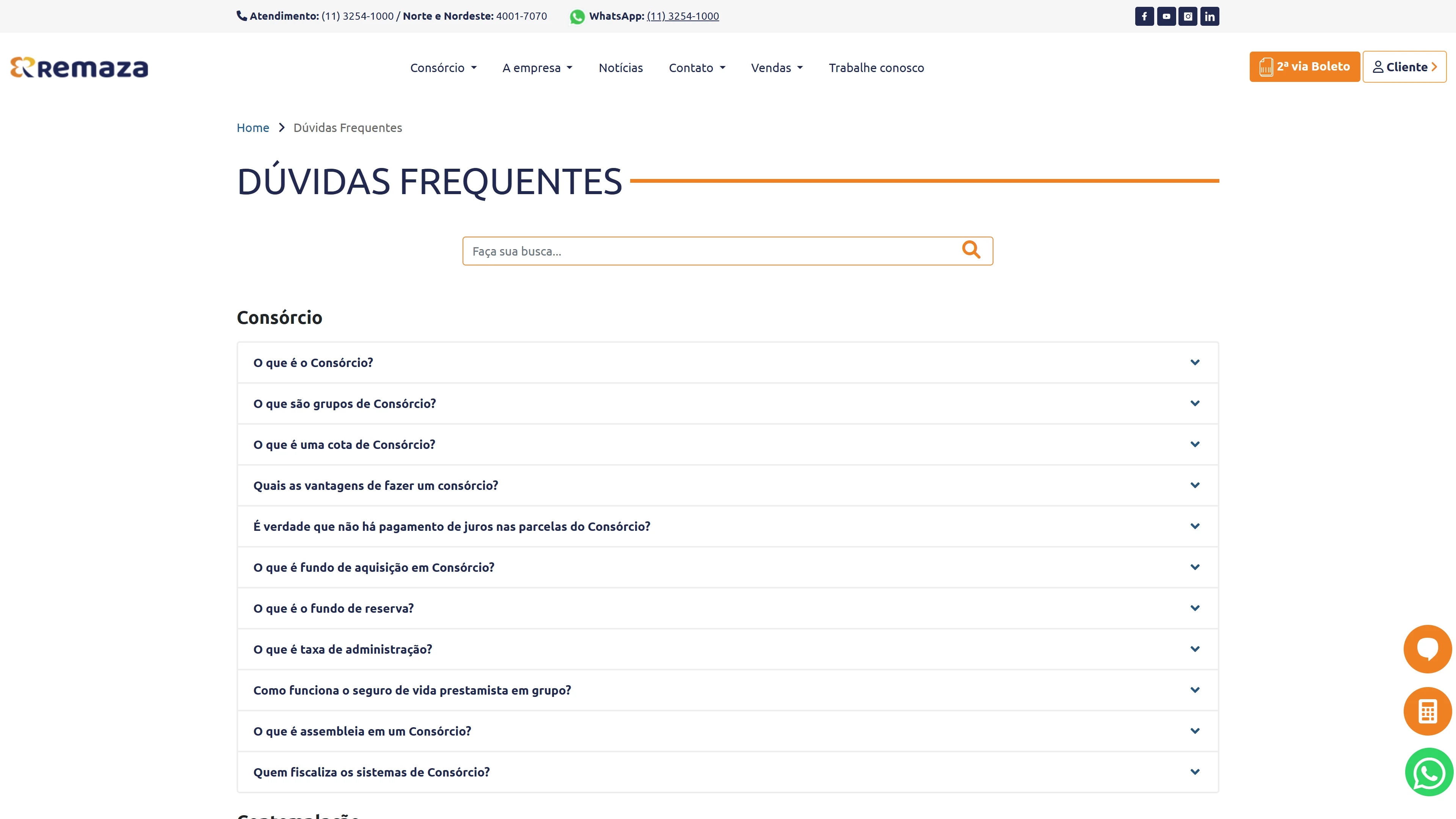 Página de dúvidas frequentes do Consórcio Remaza