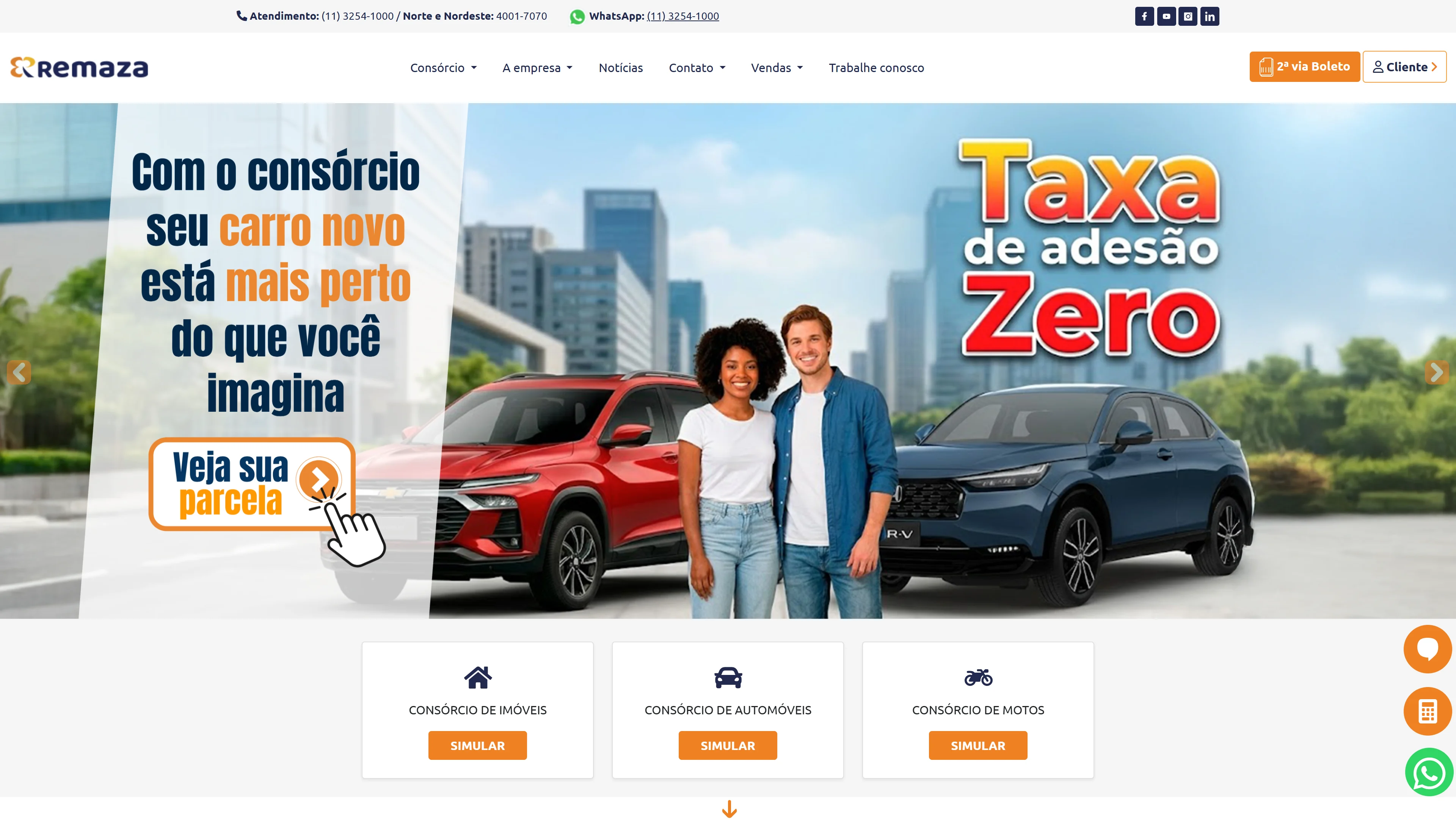 Página inicial do site Consórcio Remaza com chamadas para imóveis, automóveis e motocicletas