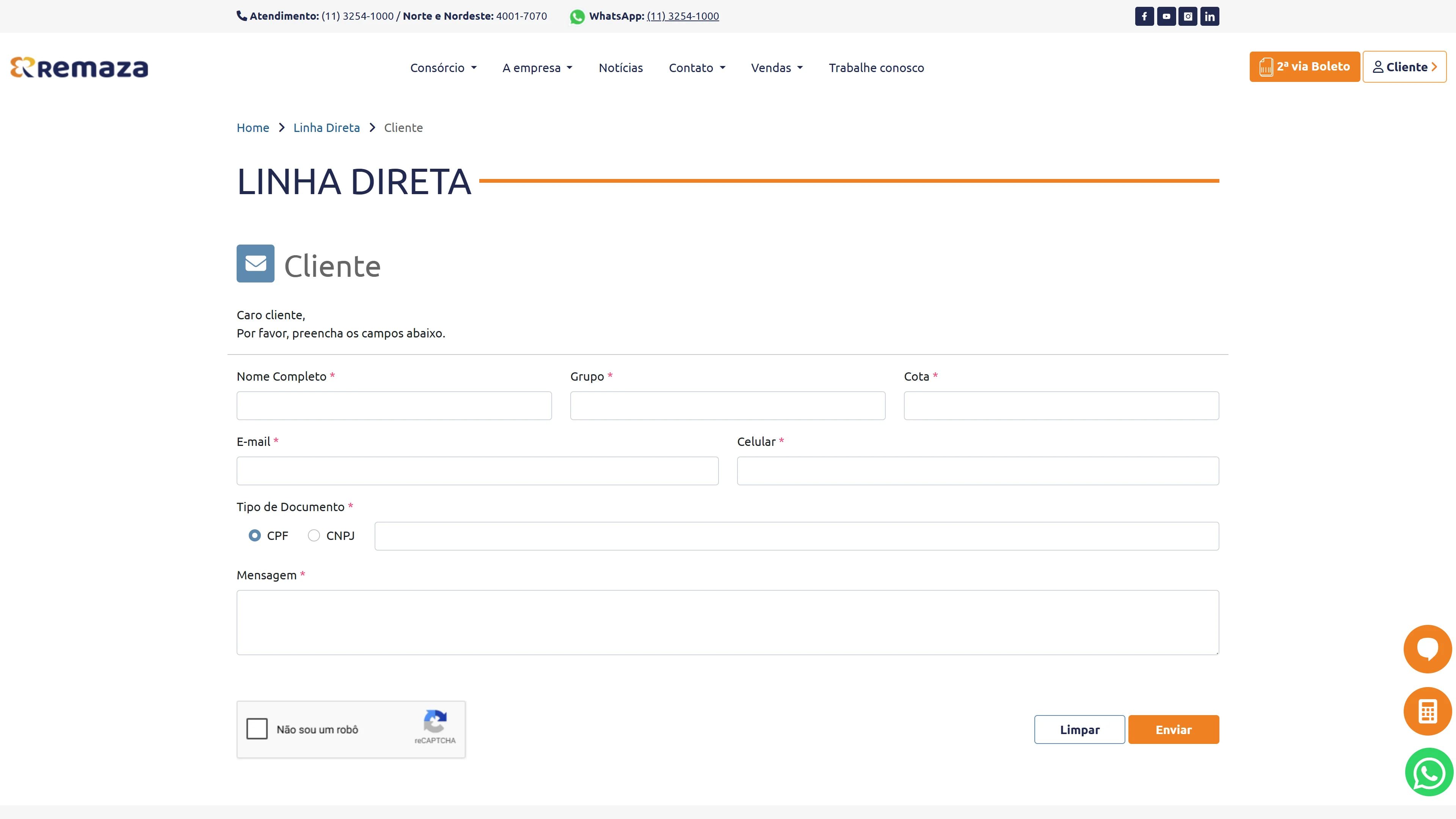 Linha Direta do Consórcio Remaza para dúvidas e solicitações