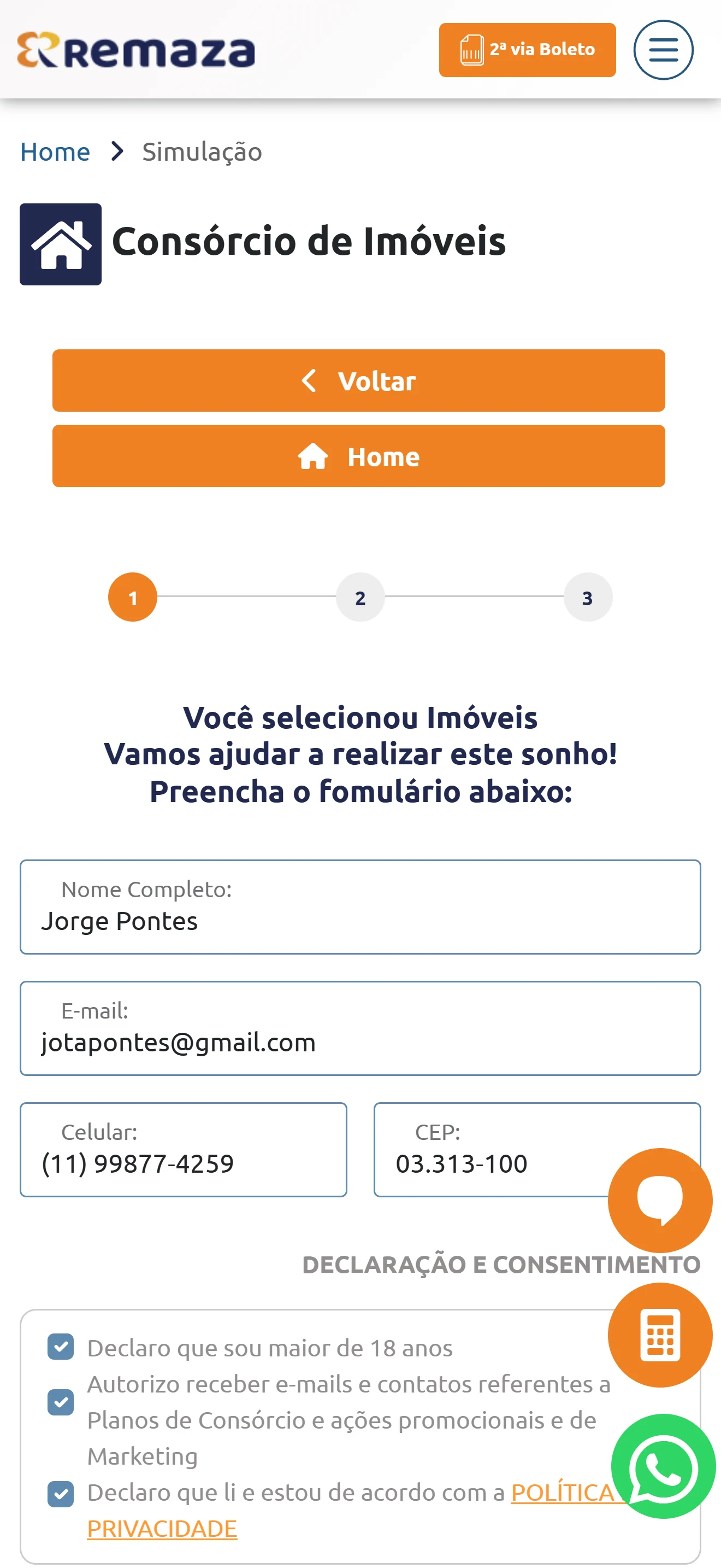 Início da simulação de imóvel no mobile do Consórcio Remaza