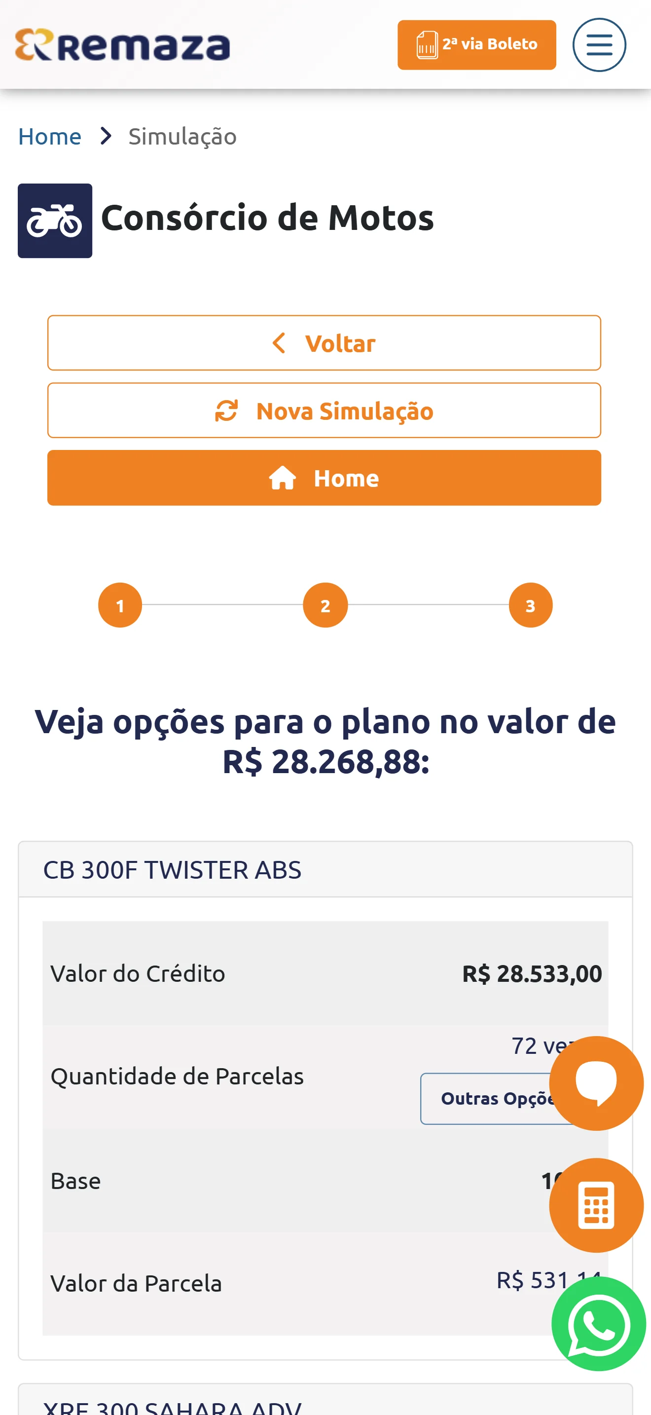Planos apresentados no mobile do simulador de imóvel do Consórcio Remaza