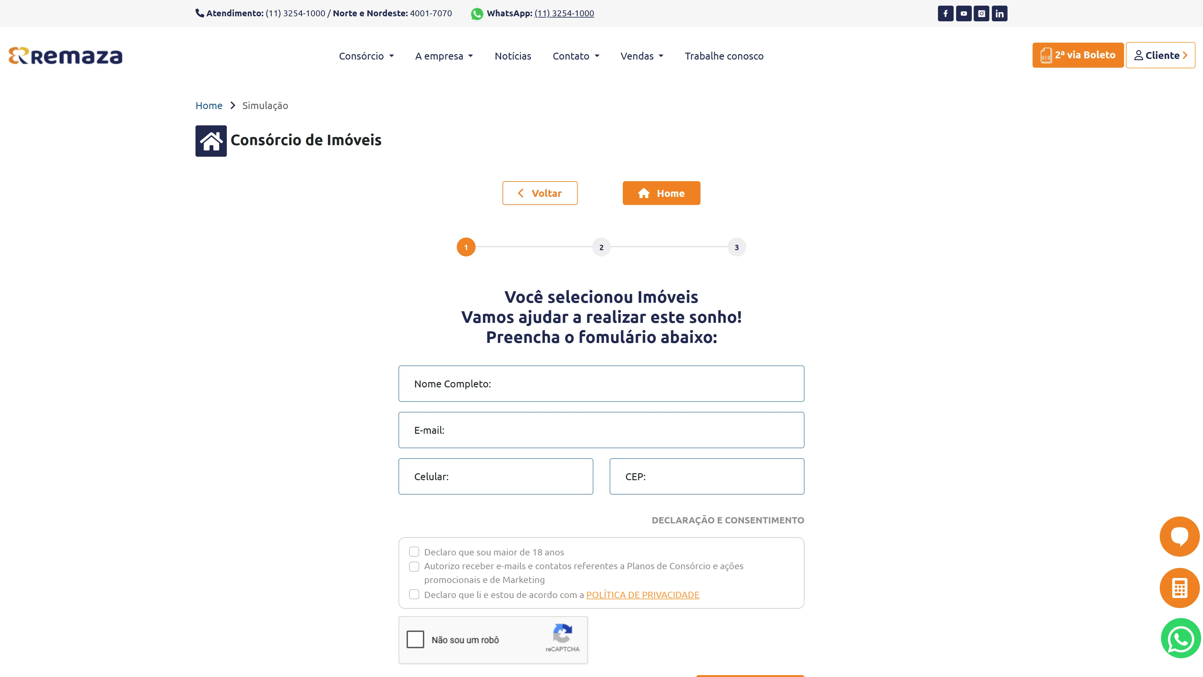 Primeira etapa do simulador de imóvel do Consórcio Remaza