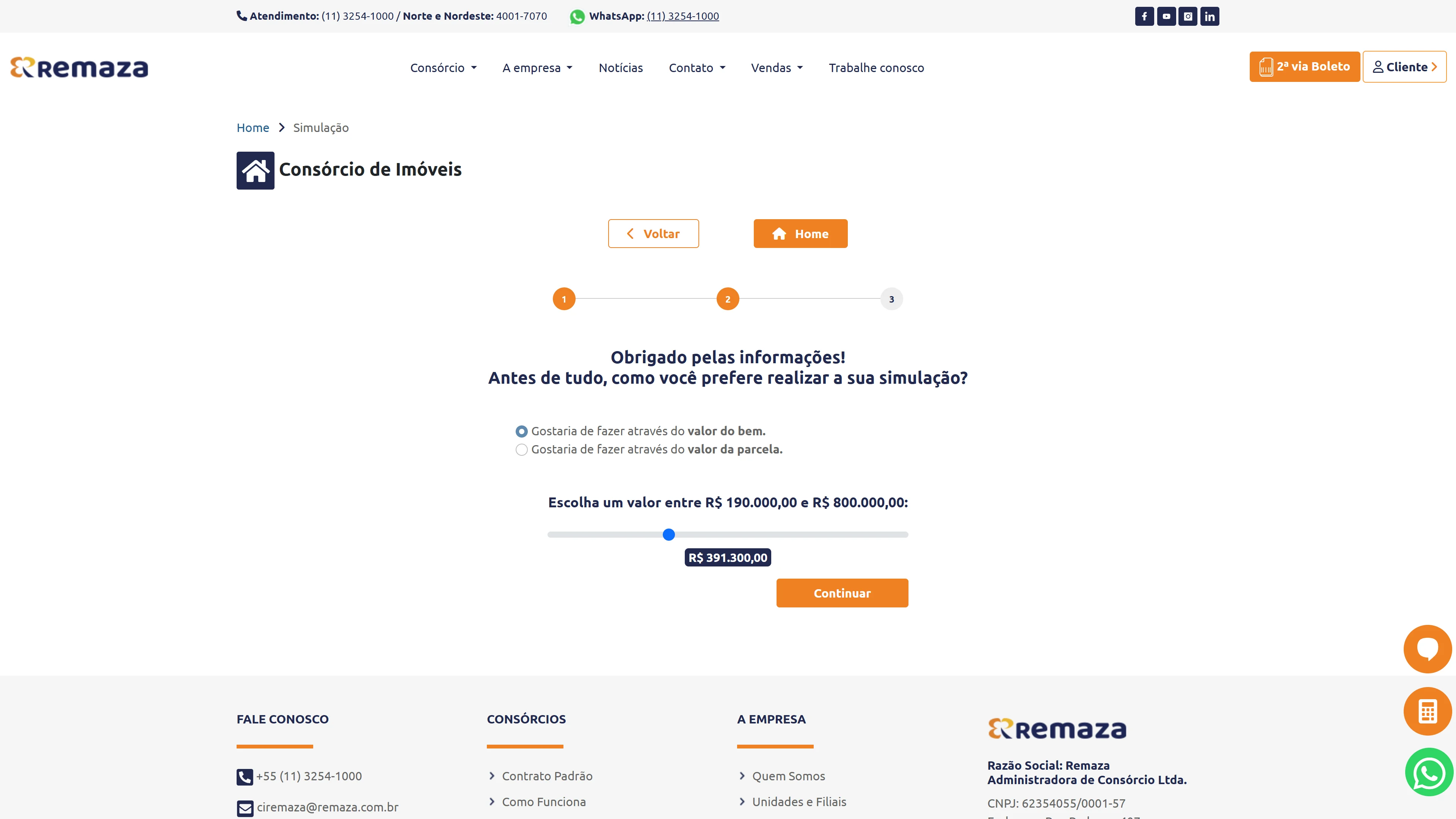 Etapa de definição de valor no simulador de imóvel do Consórcio Remaza