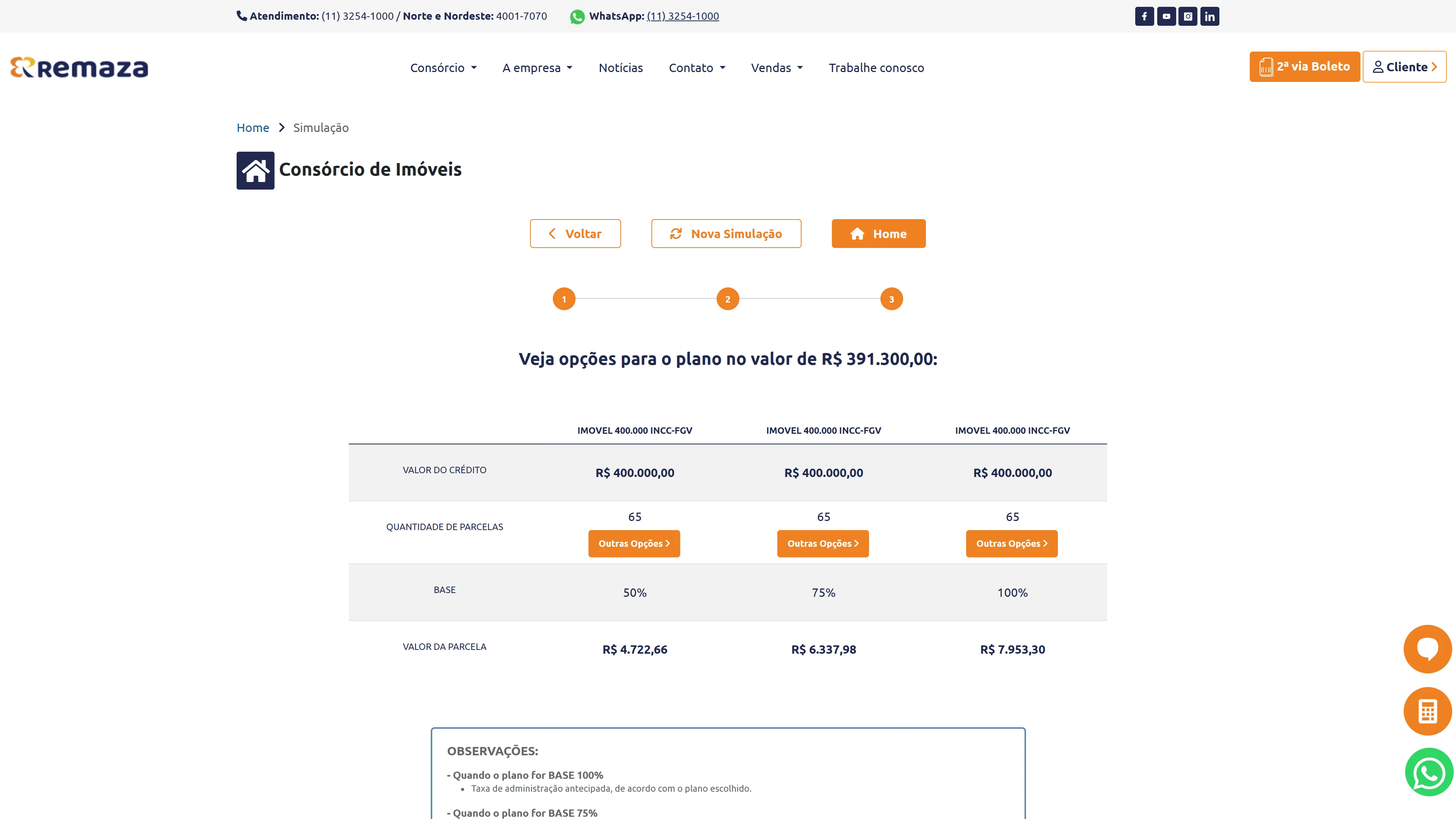 Opções de planos apresentadas no simulador de imóvel do Consórcio Remaza