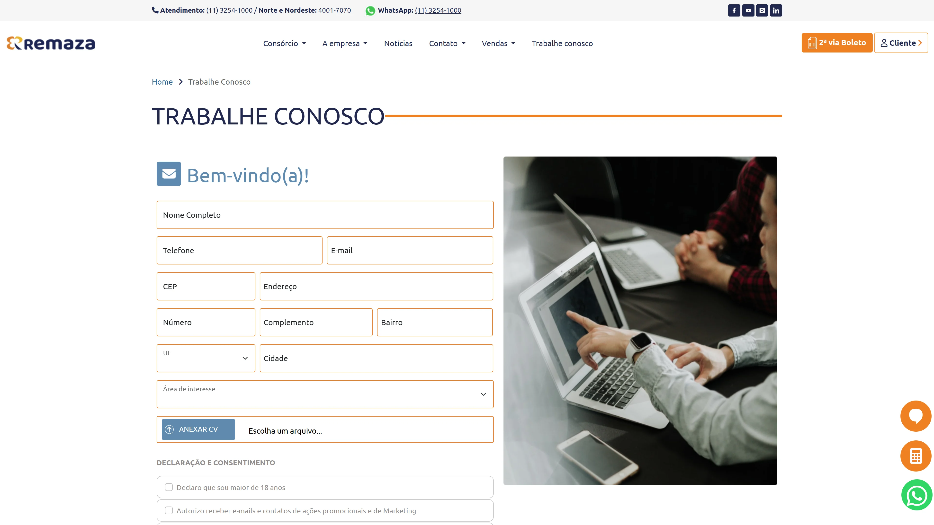Página Trabalhe conosco do Consórcio Remaza
