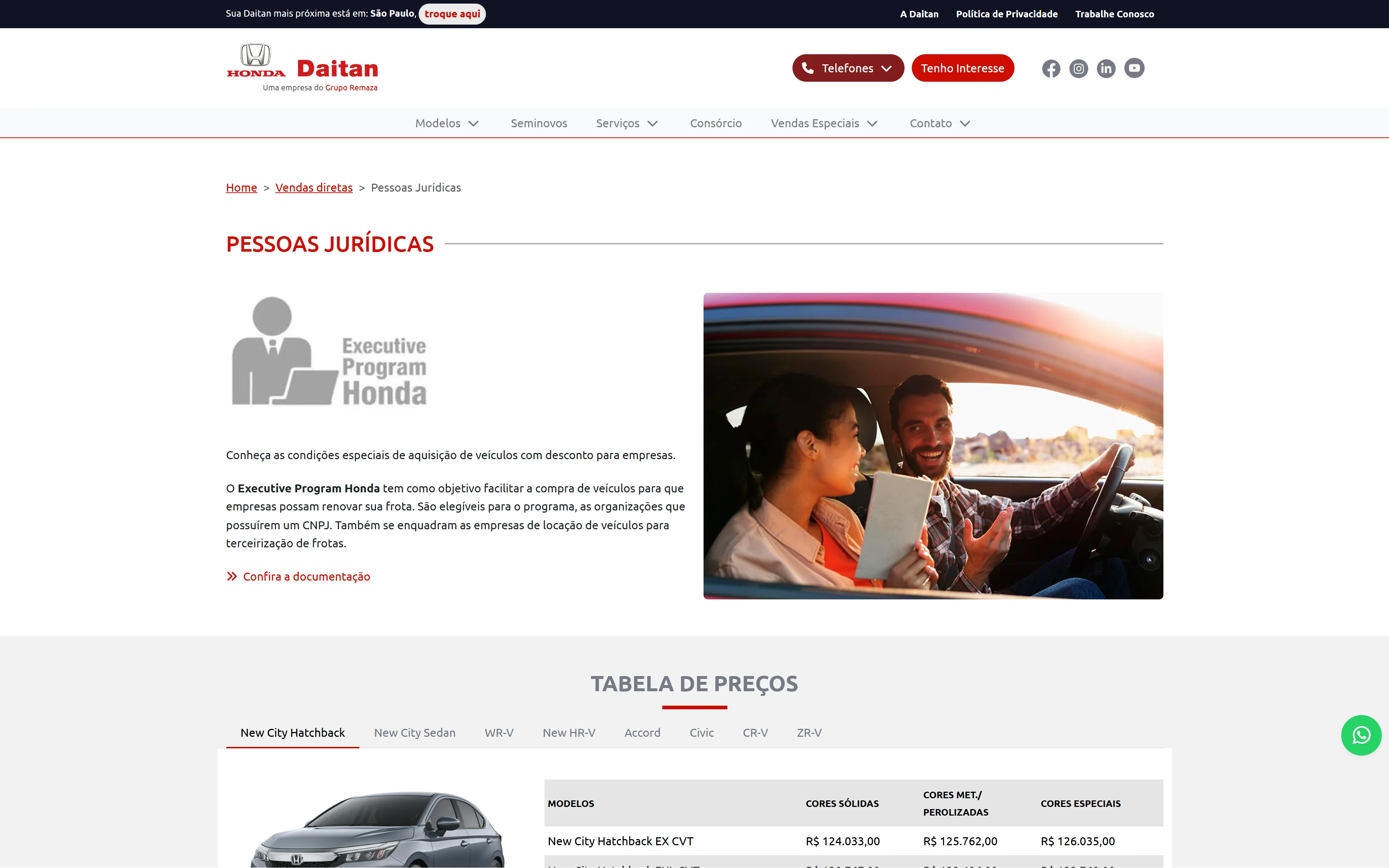 Página de condições especiais para pessoa jurídica no site Honda Daitan