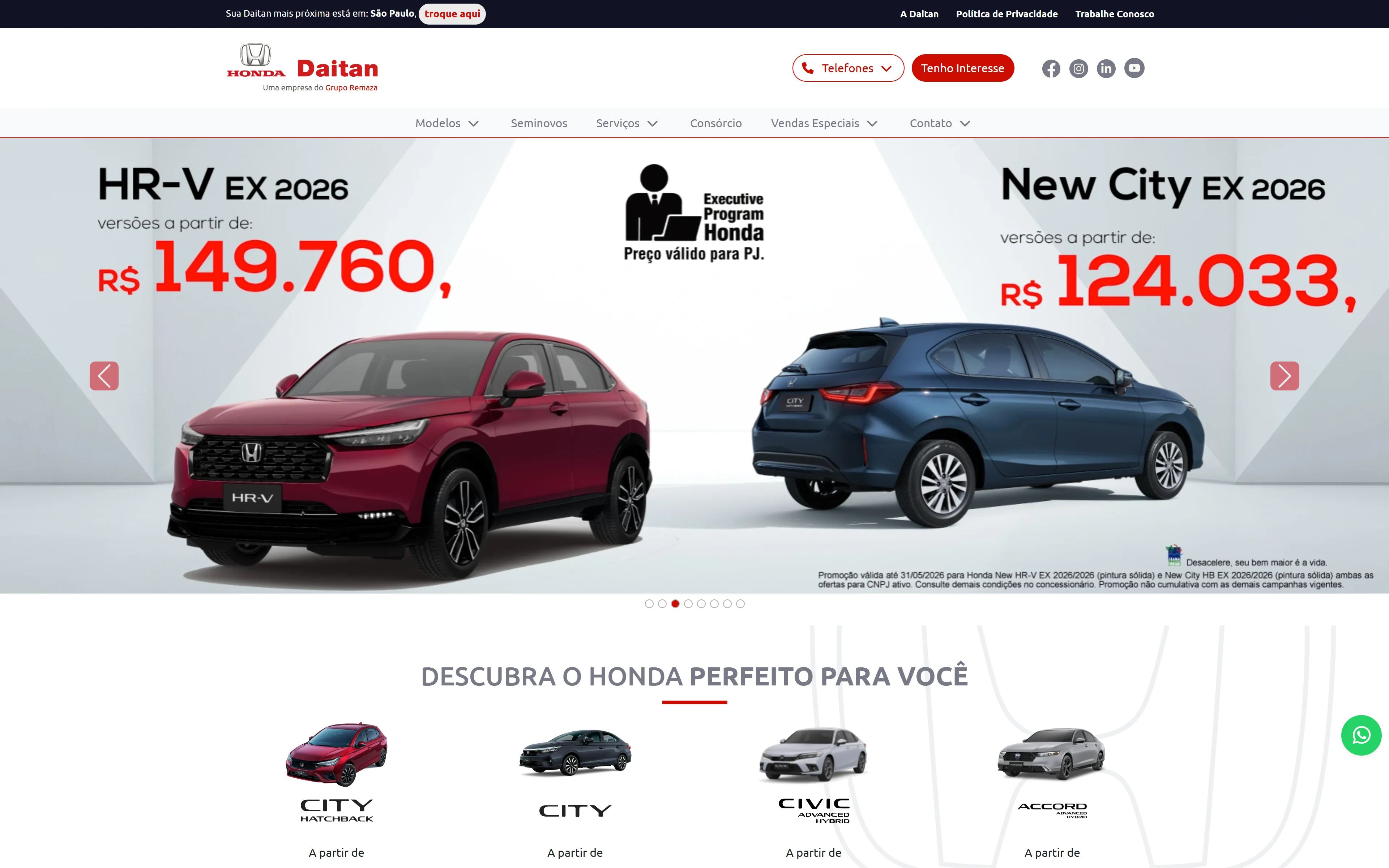 Página inicial desktop do site Honda Daitan