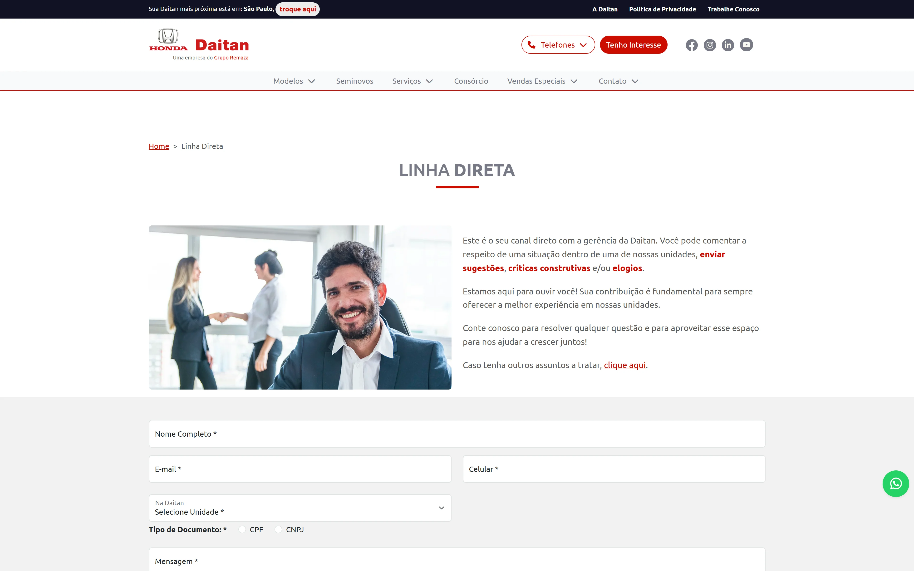Página Linha Direta no site Honda Daitan para dúvidas, sugestões, críticas e elogios