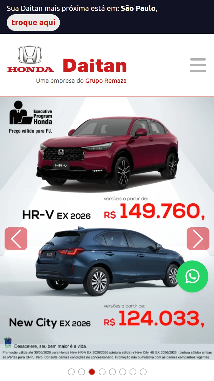 Página inicial mobile do site Honda Daitan