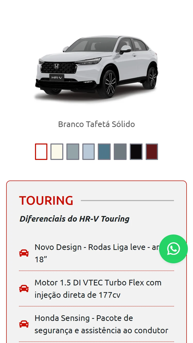 Continuação mobile da página de modelo Honda HR-V Touring com versões e diferenciais