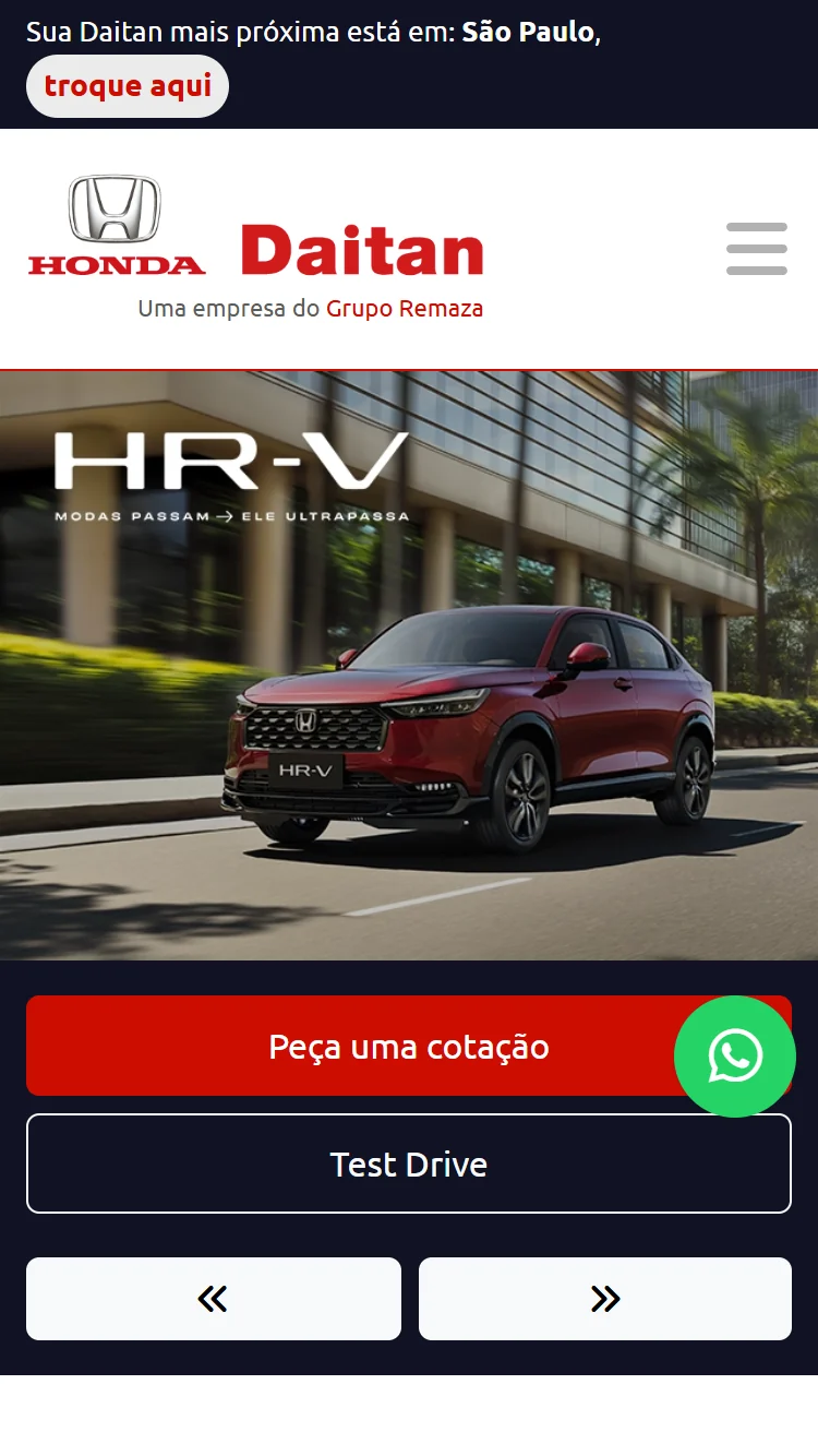 Página mobile de um modelo Honda HR-V Touring no site Honda Daitan