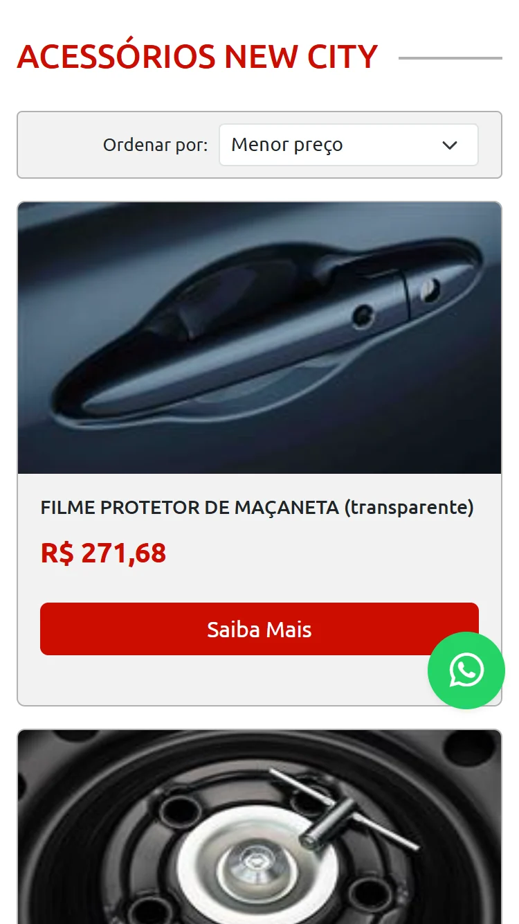 Listagem mobile de acessórios compatíveis na Honda Daitan