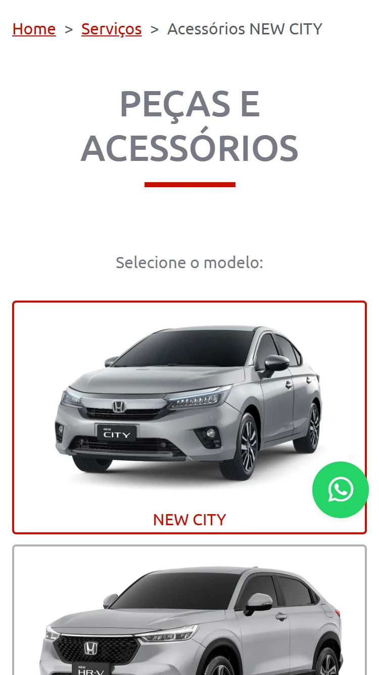 Seleção mobile de modelo na área de peças e acessórios da Honda Daitan