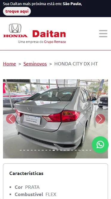 Detalhe mobile de veículo seminovo no site Honda Daitan