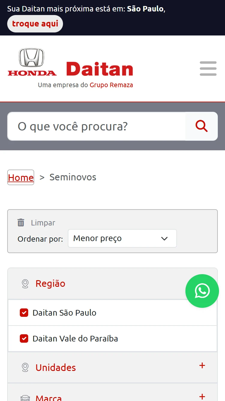 Busca e filtros de seminovos no mobile do site Honda Daitan