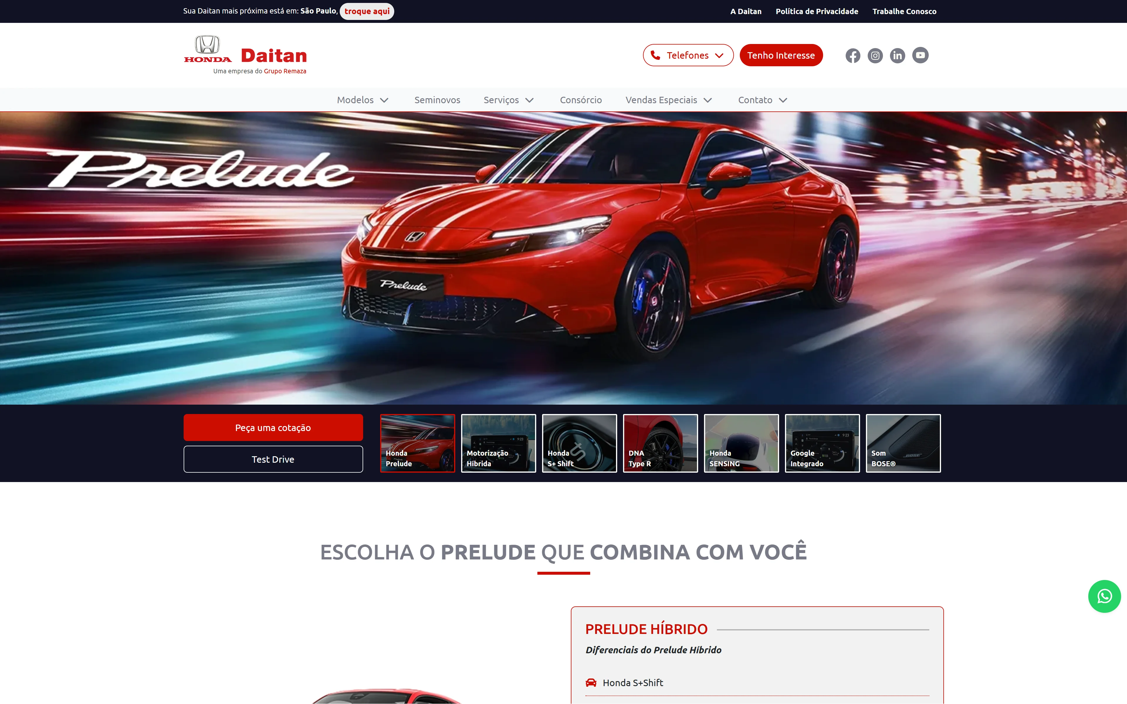 Página de detalhe de modelo no site Honda Daitan