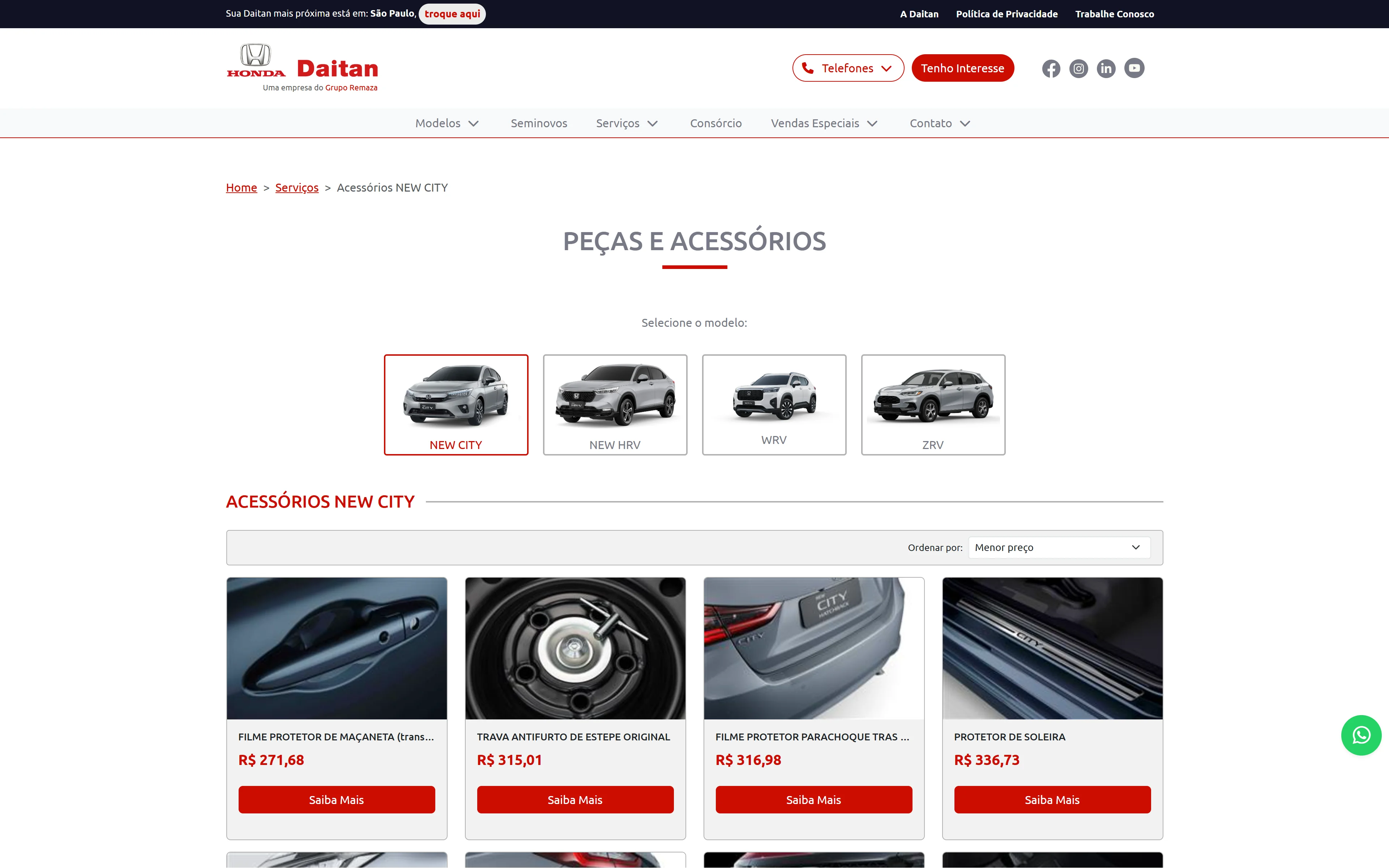 Página de peças e acessórios no site Honda Daitan