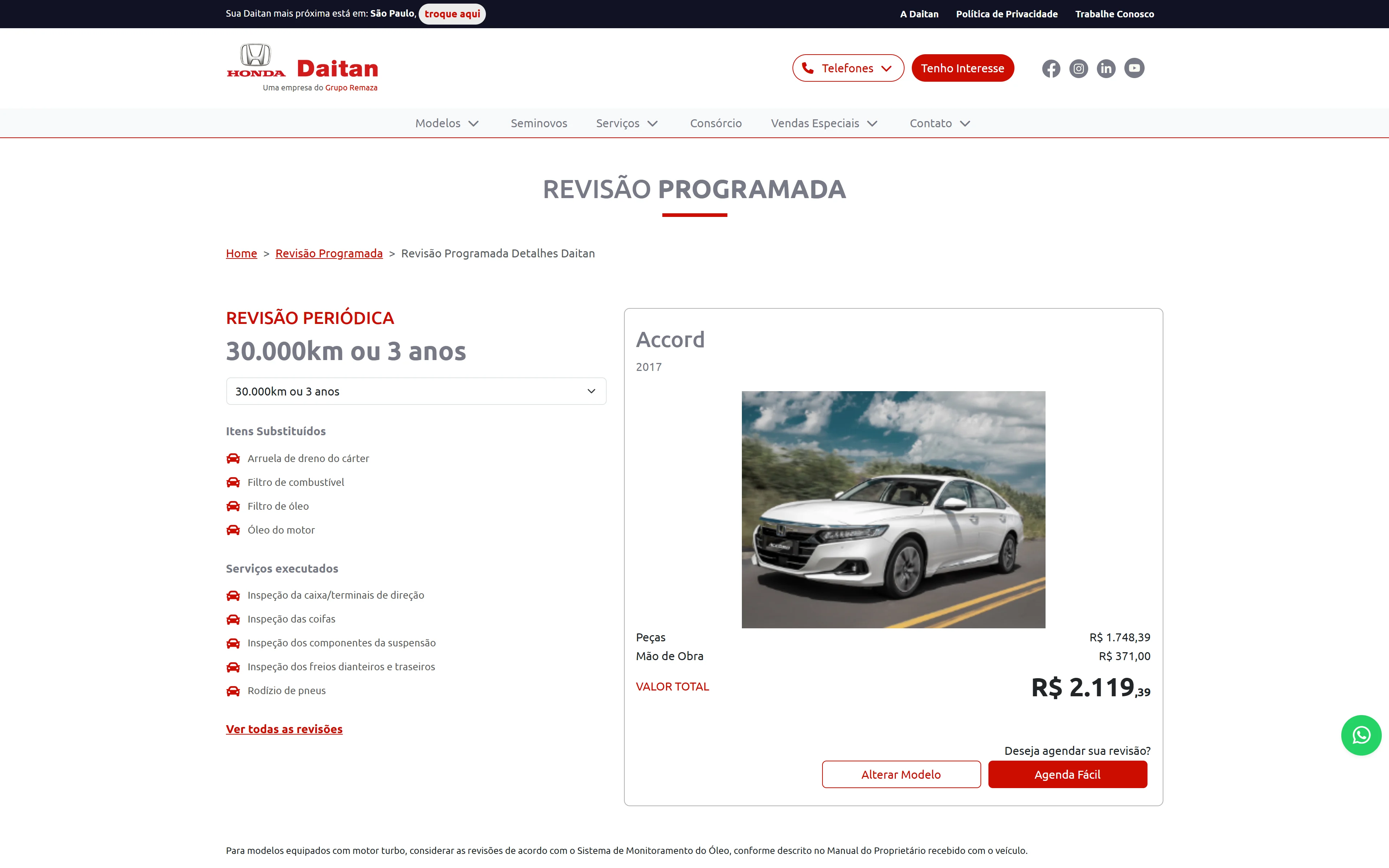Página de revisão programada com serviços, quilometragem e valores no site Honda Daitan