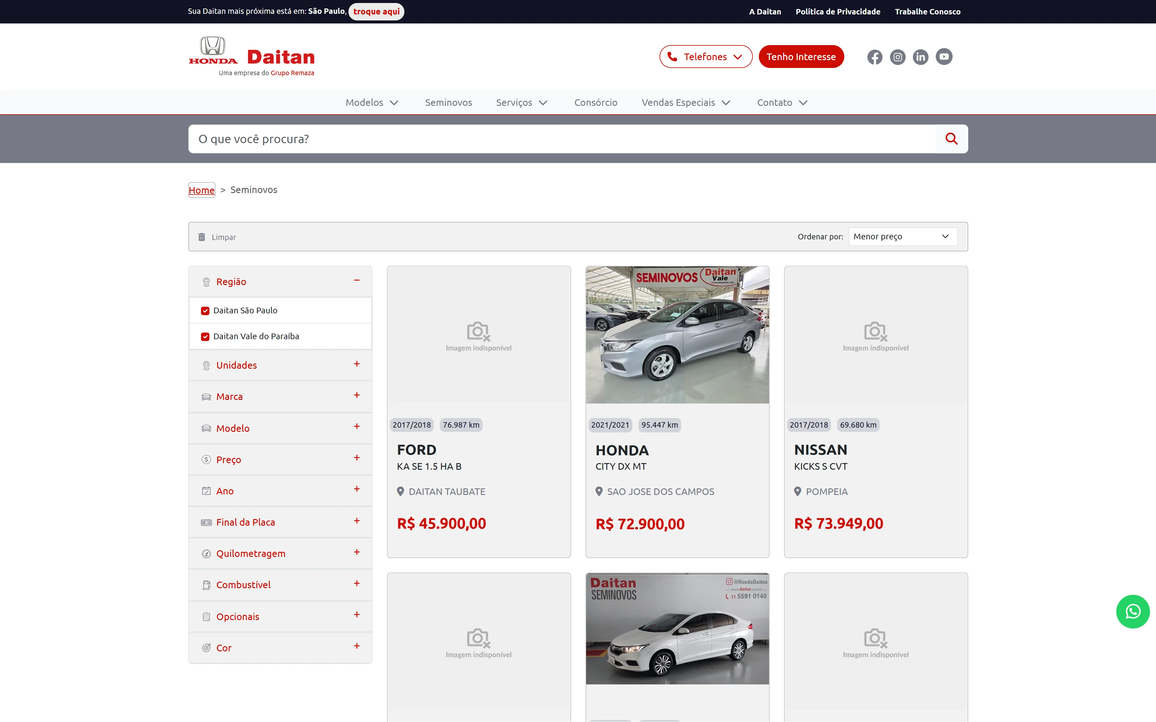 Listagem desktop de seminovos no site Honda Daitan