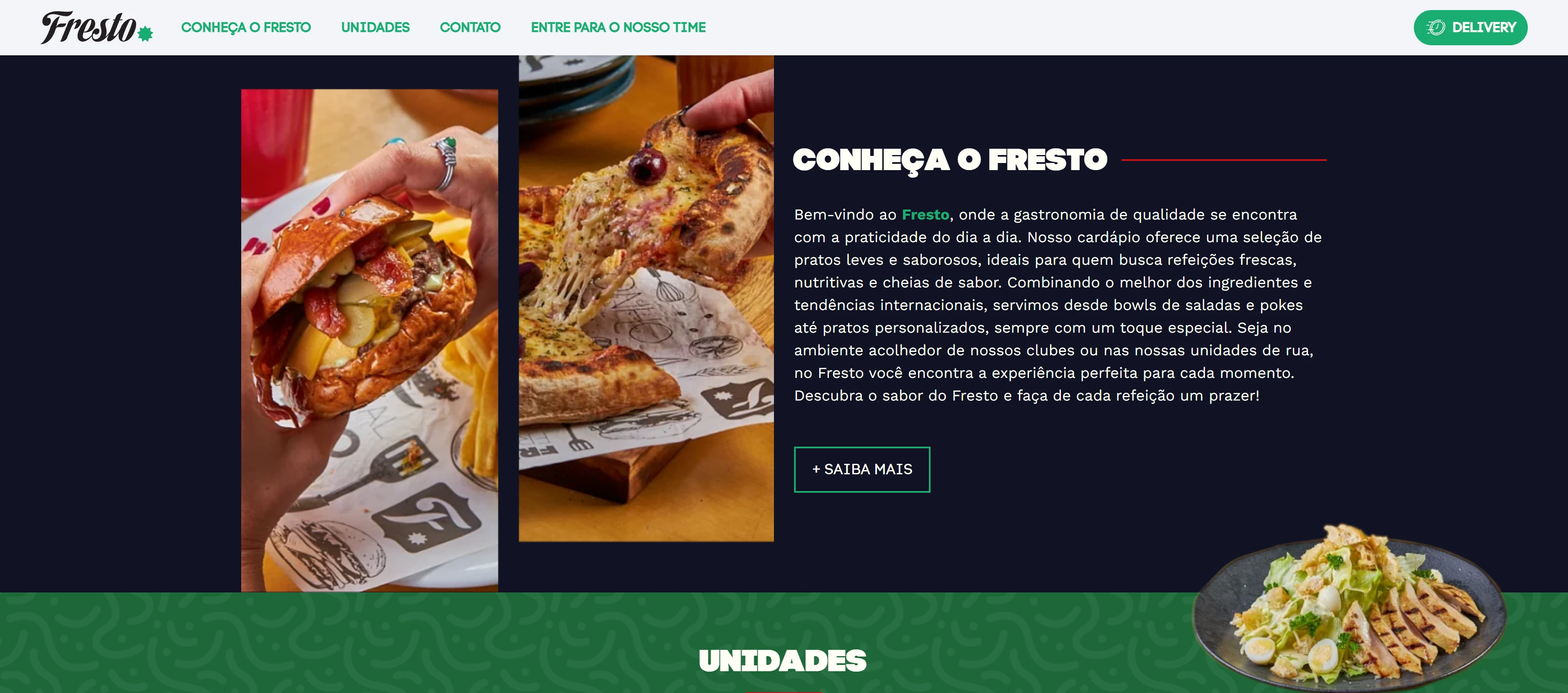Composição com fotografias de pizza, hambúrguer, prato fresco e sobremesa utilizadas no site do Fresto