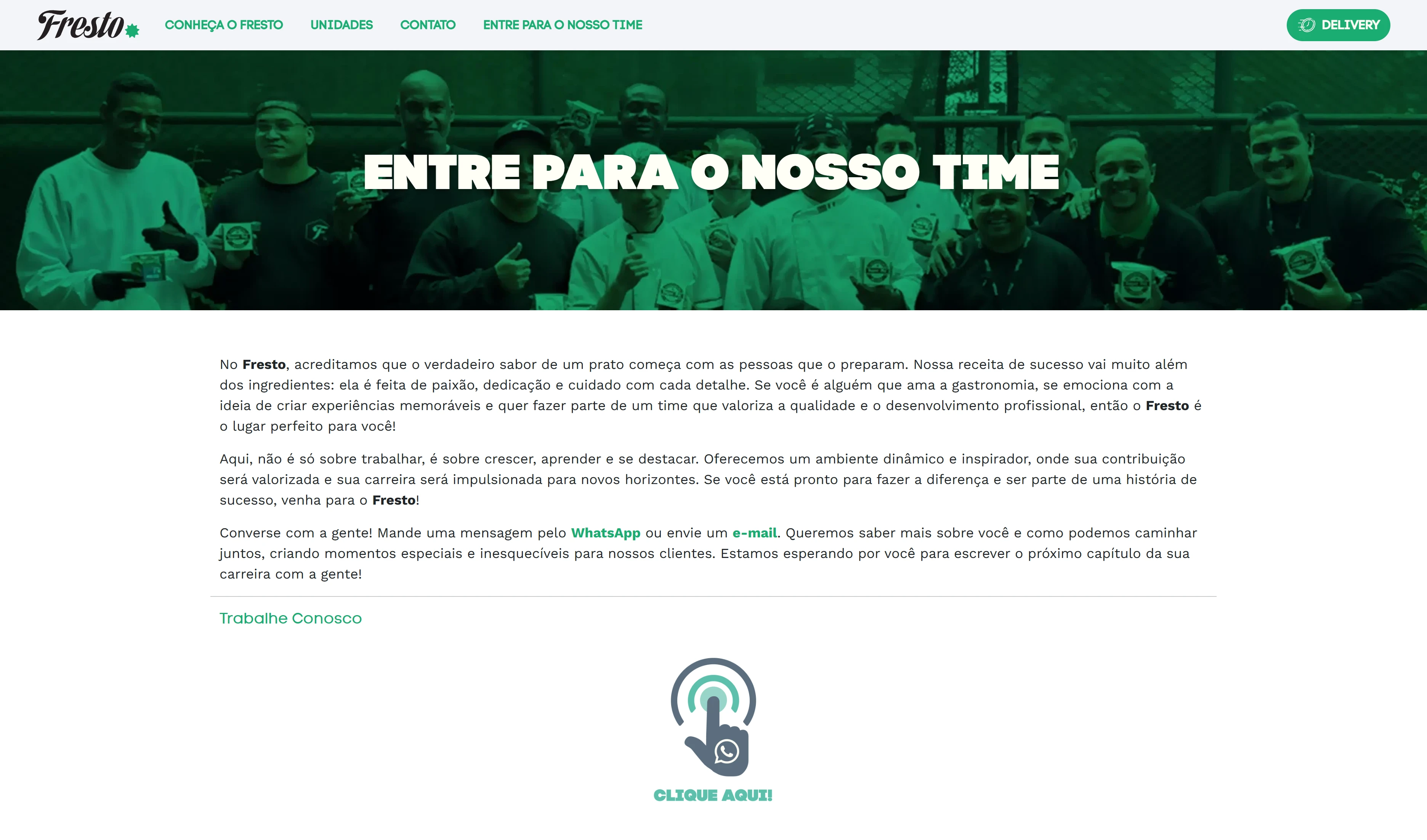 Jornada da página Trabalhe Conosco do Fresto com apresentação de oportunidades e acesso ao canal de candidatura