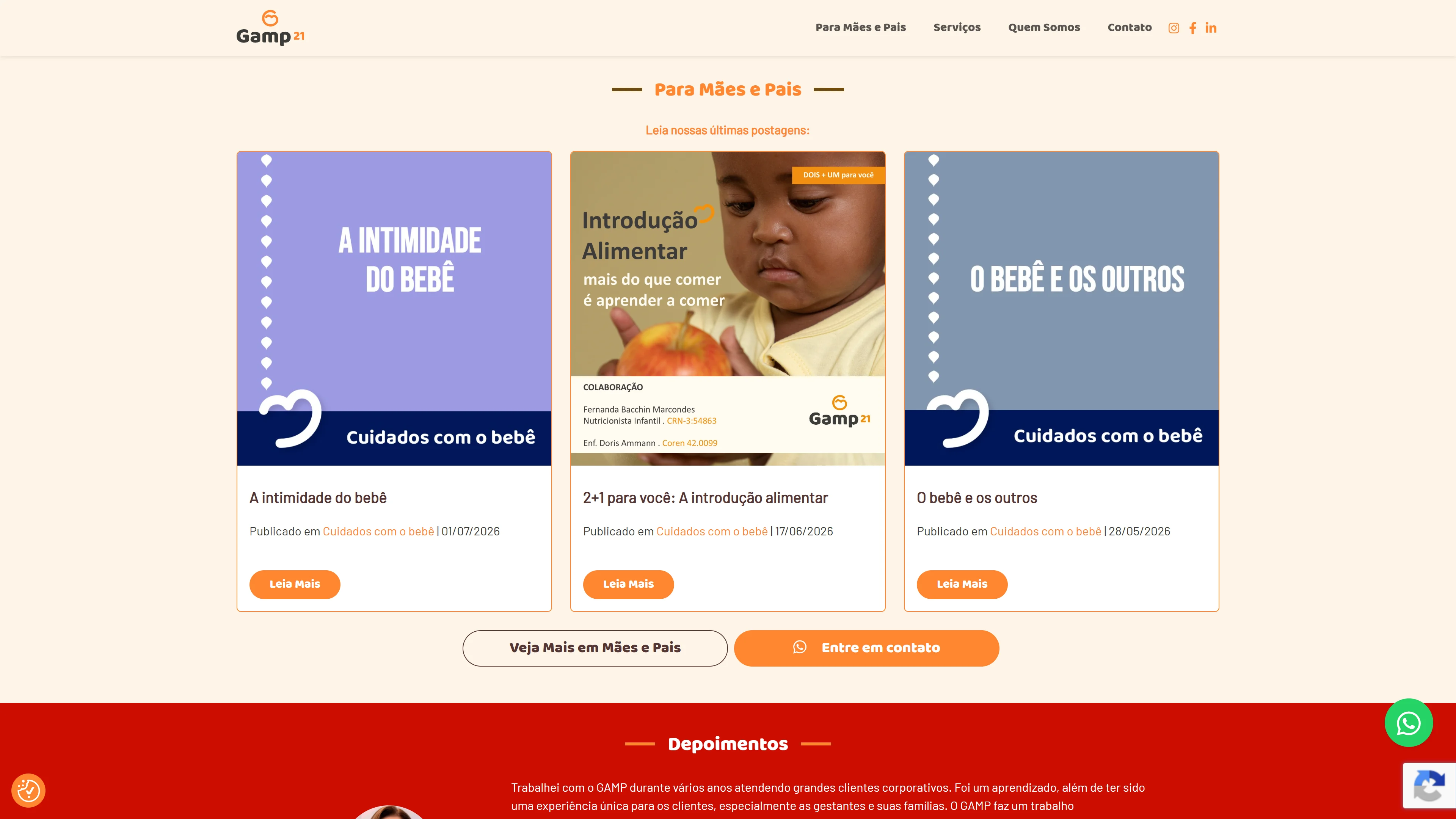 Seção Para mães e pais presente na página inicial do Gamp21