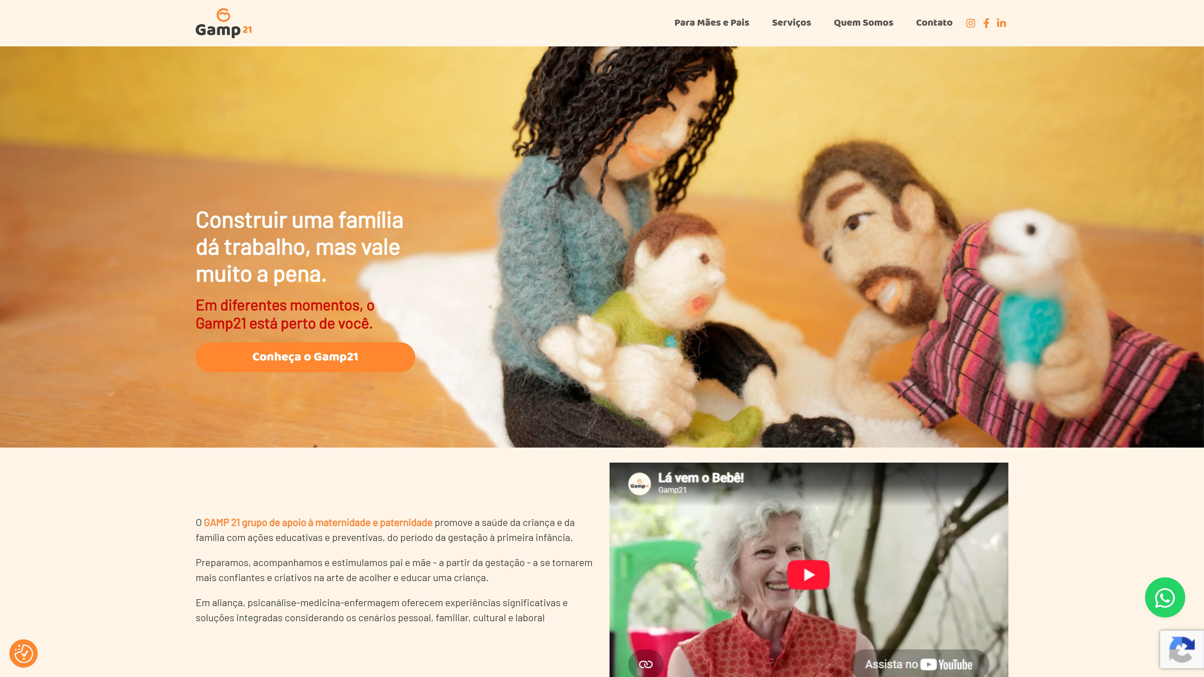 Página inicial do Gamp21 com seção de acolhimento para mães, pais e empresas