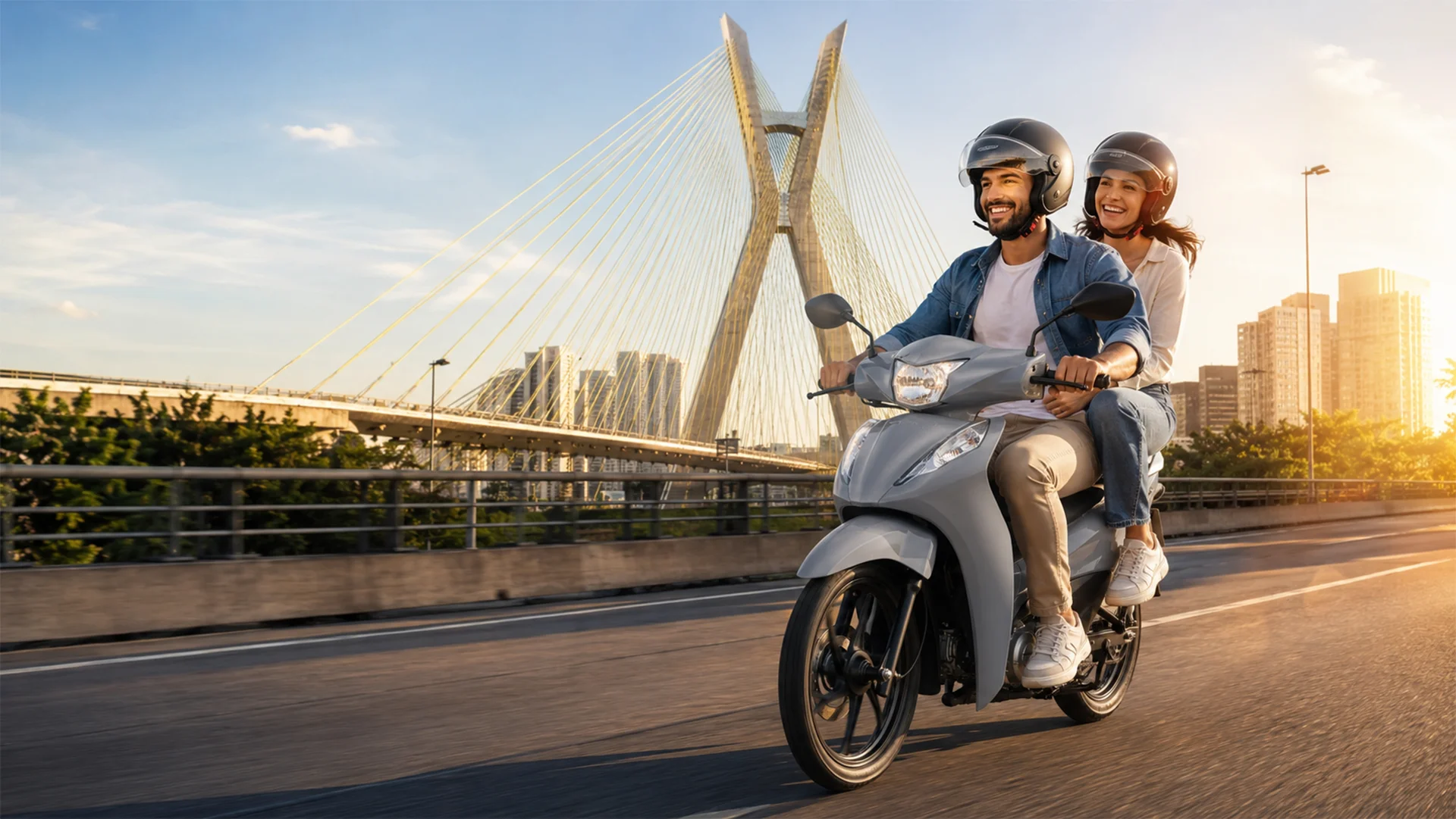 Casal pilotando uma Honda Biz 125 com a Ponte Octávio Frias de Oliveira ao fundo