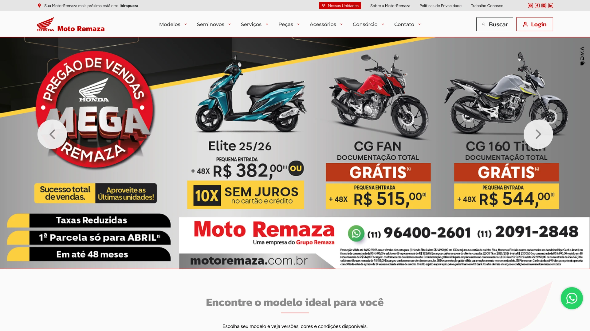 Visão geral do site Moto Remaza com modelos de motos, chamadas de compra e conteúdos de apoio
