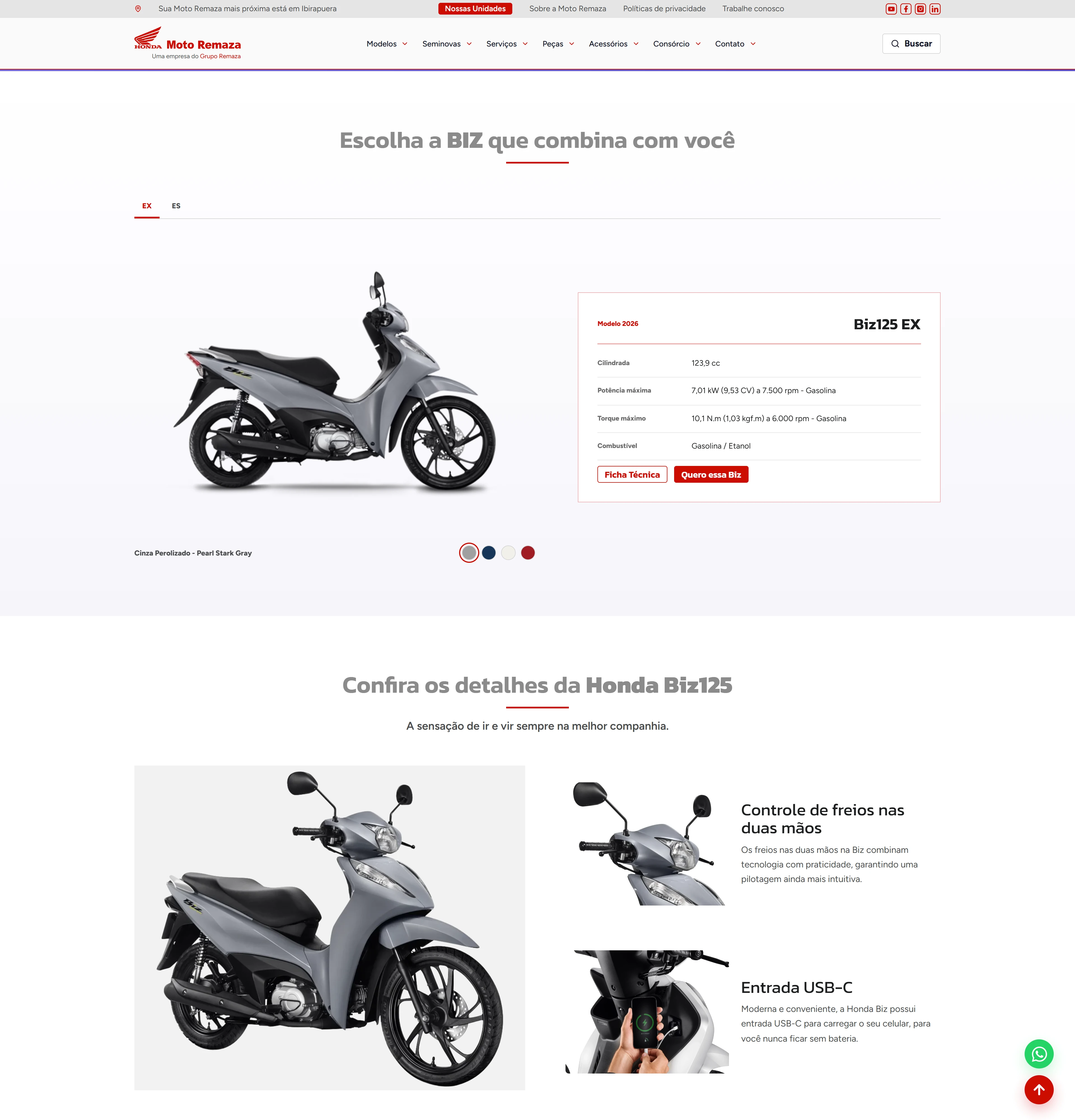 Página de detalhe de uma moto com informações técnicas, imagem do modelo e chamada para contato