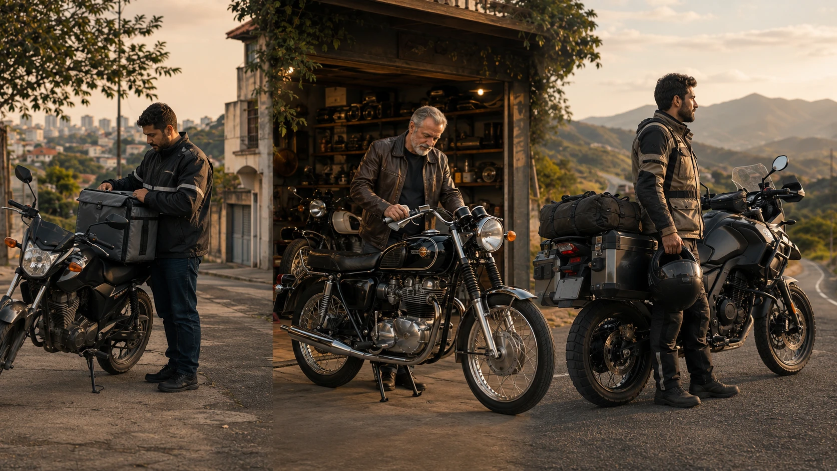 Motociclista em uma situação de uso real ou composição com diferentes jornadas