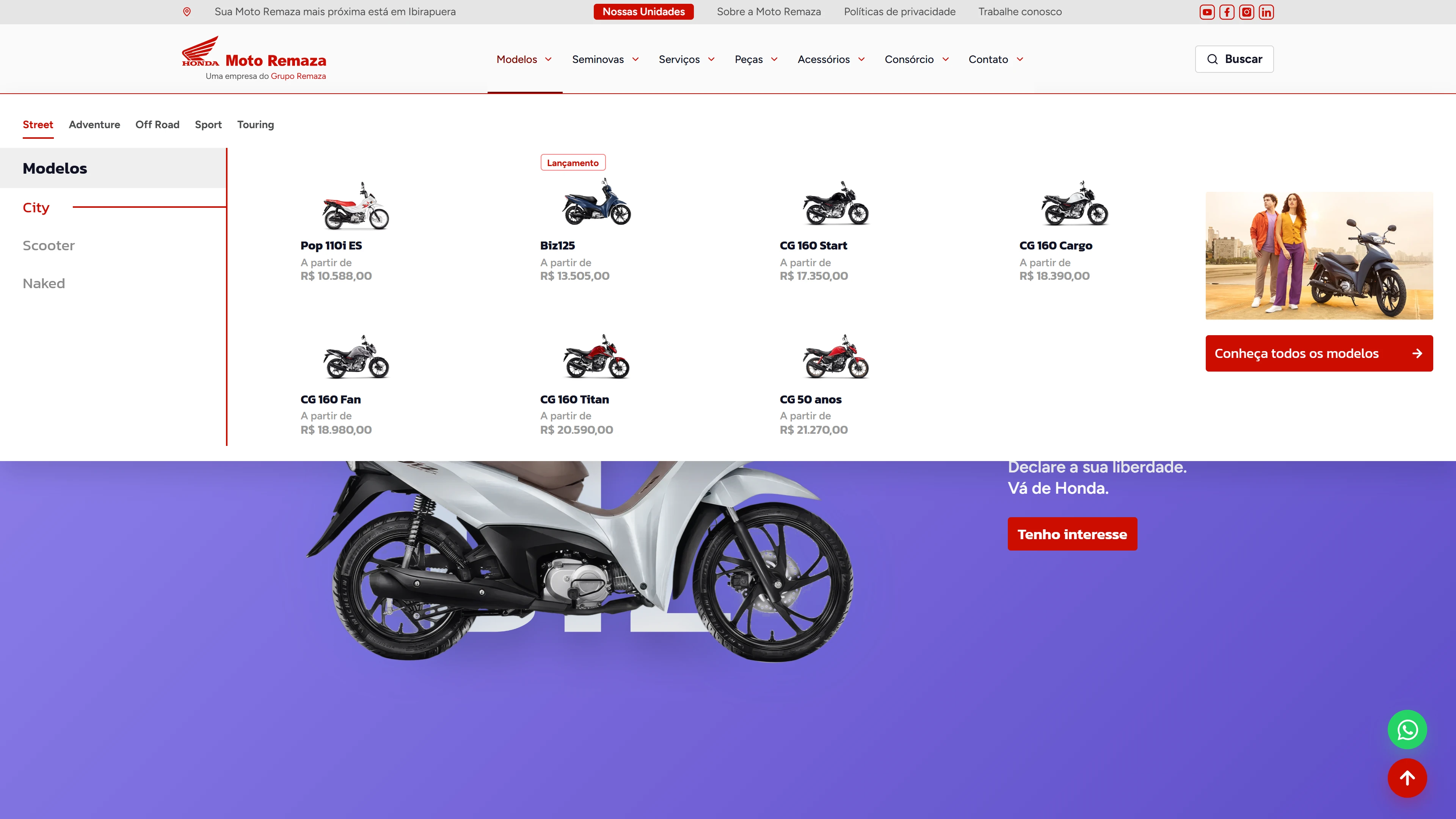 Página de categoria ou listagem de motos da Moto Remaza com filtros e modelos em destaque