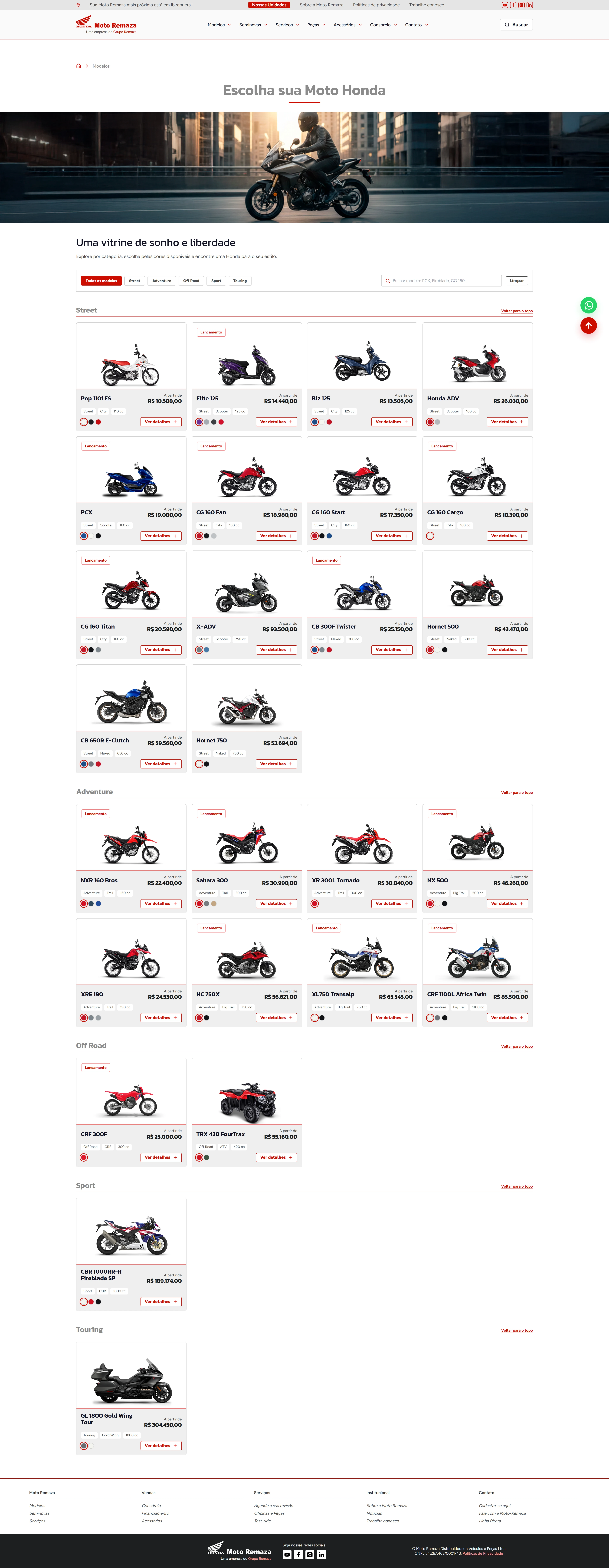 Catálogo de modelos com categorias do site Moto Remaza