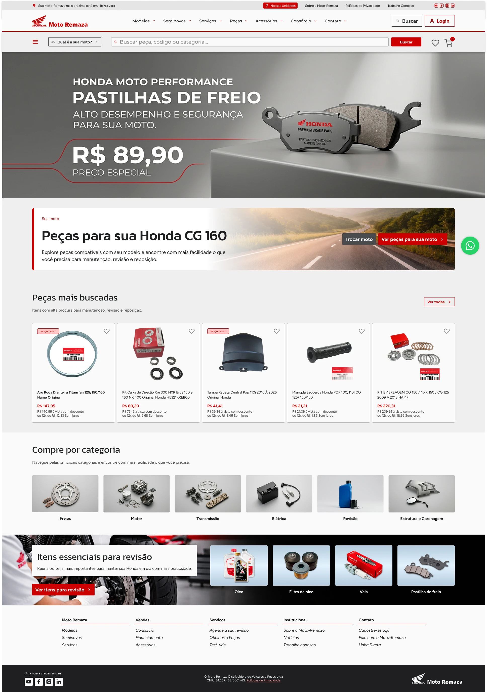 Peças, acessórios e assistência técnica no site Moto Remaza